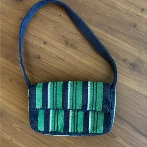 Anthropologie the Fiona Beaded Bag in Navy, white and green stripe